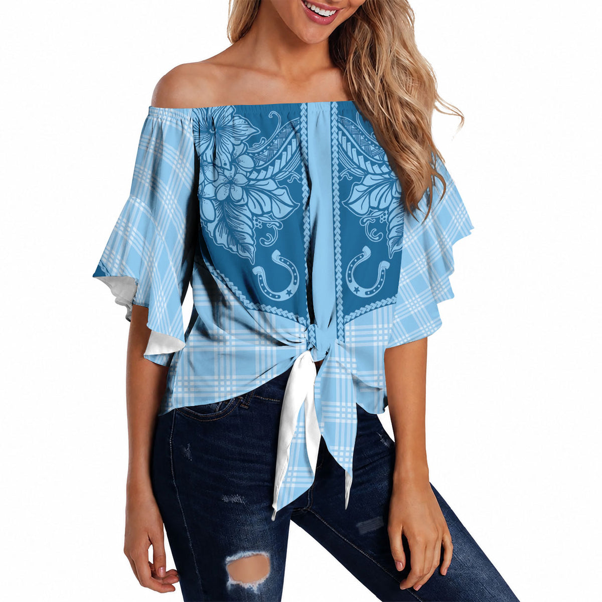Hawai'i Paniolo Motif Deep Blue Off Shoulder Wrap Waist Top Floral Palaka Print LT7 Navy Blue - Polynesian Pride