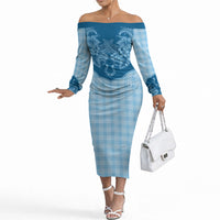 Hawai'i Paniolo Motif Deep Blue Off The Shoulder Long Sleeve Dress Floral Palaka Print LT7 Women Navy Blue - Polynesian Pride