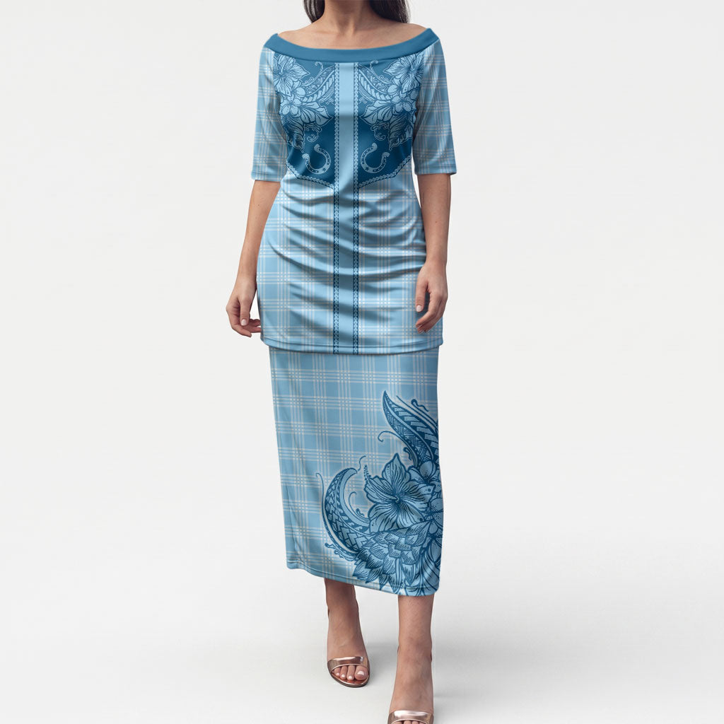 Hawai'i Paniolo Motif Deep Blue Puletasi Floral Palaka Print LT7 Long Dress Navy Blue - Polynesian Pride