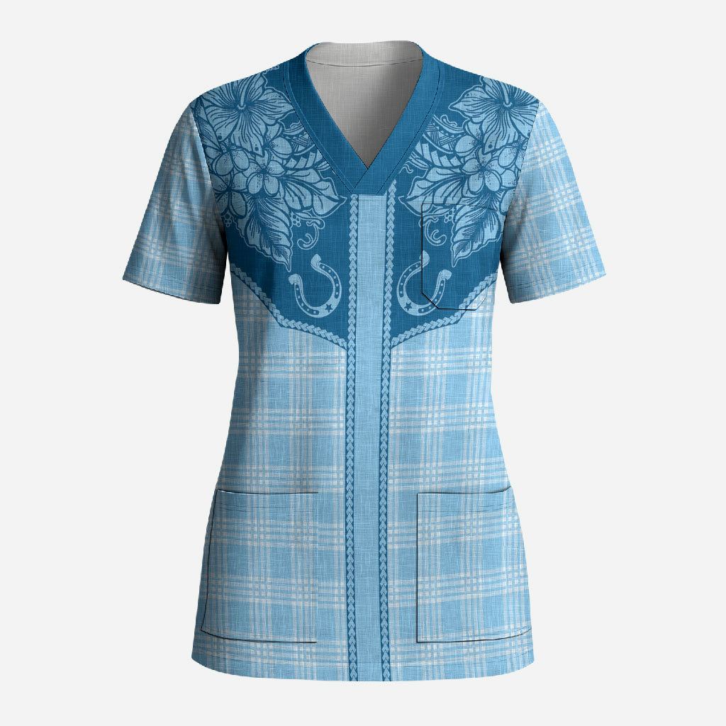 Hawai'i Paniolo Motif Deep Blue Scrub Top Floral Palaka Print LT7 Adult Navy Blue - Polynesian Pride