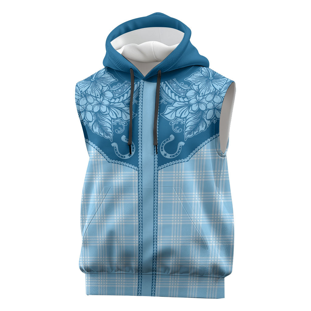 Hawai'i Paniolo Motif Deep Blue Sleeveless Hoodie Floral Palaka Print LT7 Navy Blue - Polynesian Pride