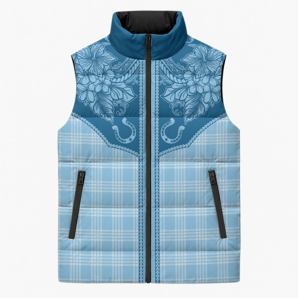 Hawai'i Paniolo Motif Deep Blue Sleeveless Puffer Jacket Floral Palaka Print LT7 Unisex Navy Blue - Polynesian Pride