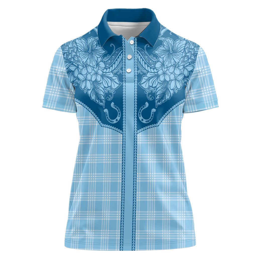 Hawai'i Paniolo Motif Deep Blue Women Polo Shirt Floral Palaka Print LT7 Female Navy Blue - Polynesian Pride