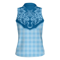 Hawai'i Paniolo Motif Deep Blue Women Sleeveless Polo Shirt Floral Palaka Print LT7 - Polynesian Pride