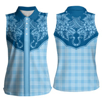 Hawai'i Paniolo Motif Deep Blue Women Sleeveless Polo Shirt Floral Palaka Print LT7 - Polynesian Pride