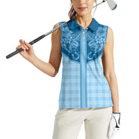 Hawai'i Paniolo Motif Deep Blue Women Sleeveless Polo Shirt Floral Palaka Print LT7 - Polynesian Pride
