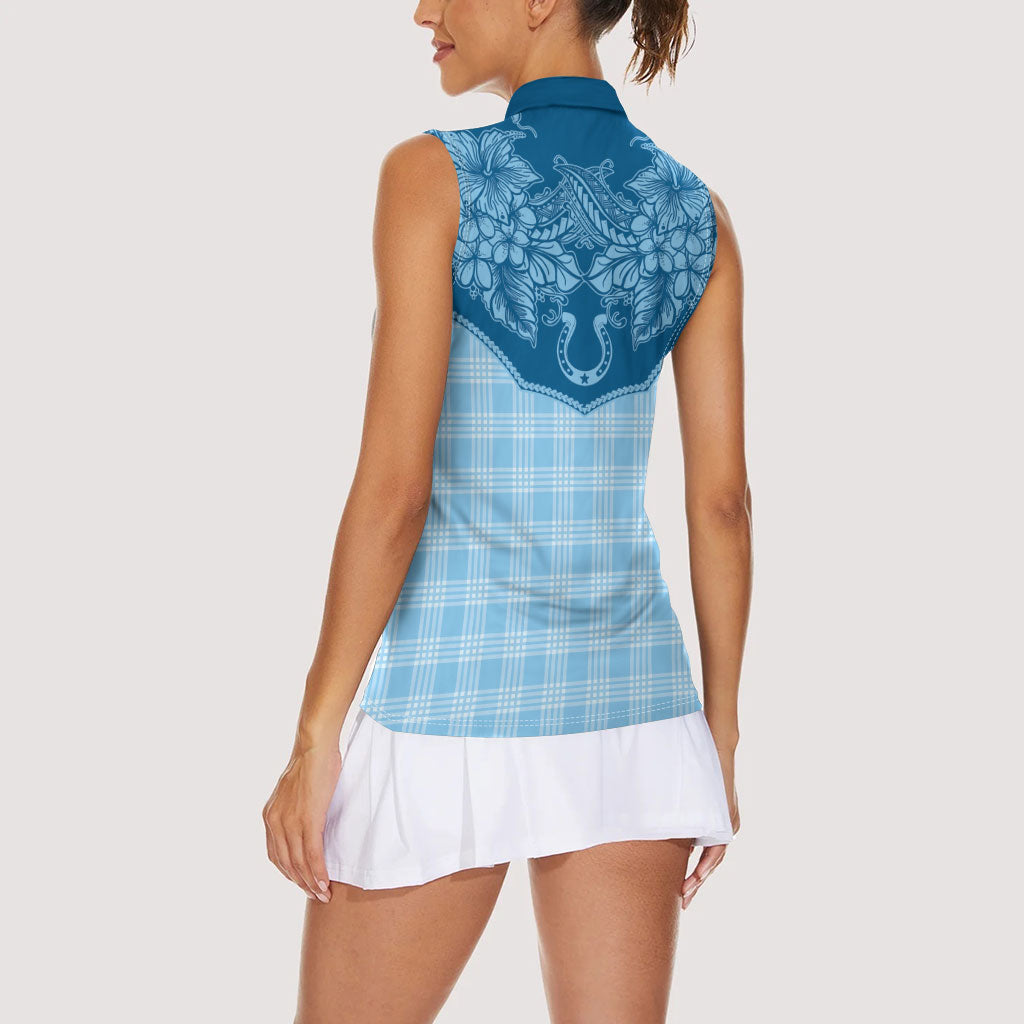 Hawai'i Paniolo Motif Deep Blue Women Sleeveless Polo Shirt Floral Palaka Print LT7 - Polynesian Pride