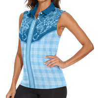 Hawai'i Paniolo Motif Deep Blue Women Sleeveless Polo Shirt Floral Palaka Print LT7 - Polynesian Pride