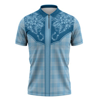 Hawai'i Paniolo Motif Deep Blue Zipper Polo Shirt Floral Palaka Print LT7 Navy Blue - Polynesian Pride