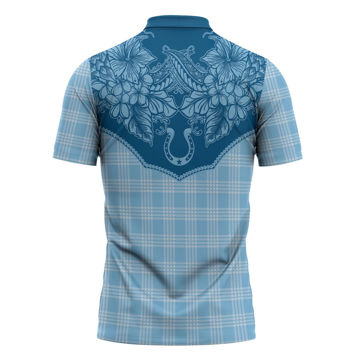Hawai'i Paniolo Motif Deep Blue Zipper Polo Shirt Floral Palaka Print LT7 - Polynesian Pride