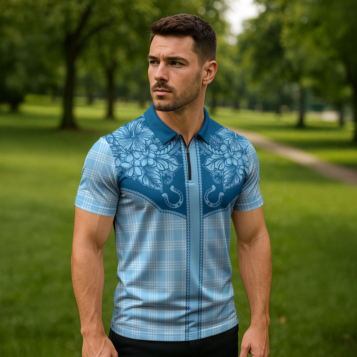 Hawai'i Paniolo Motif Deep Blue Zipper Polo Shirt Floral Palaka Print LT7 - Polynesian Pride
