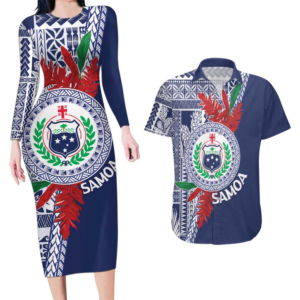 Samoa Rugby Personalized Couples Matching Long Sleeve Bodycon Dress and Hawaiian Shirt Toa Samoa Myriad Siapo