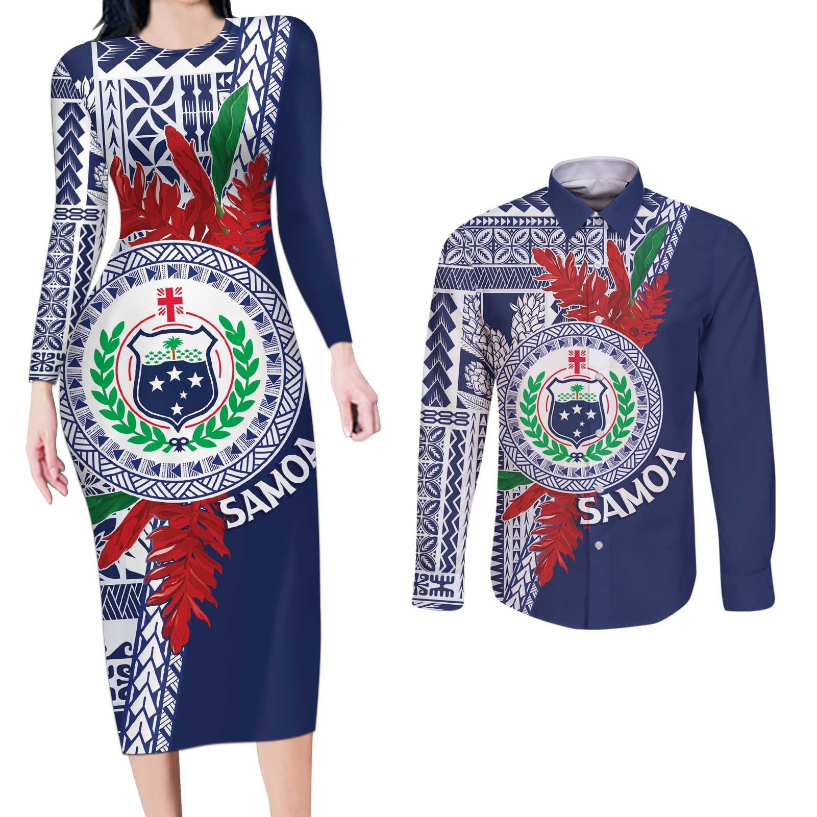 Samoa Rugby Personalized Couples Matching Long Sleeve Bodycon Dress and Long Sleeve Button Shirt Toa Samoa Myriad Siapo