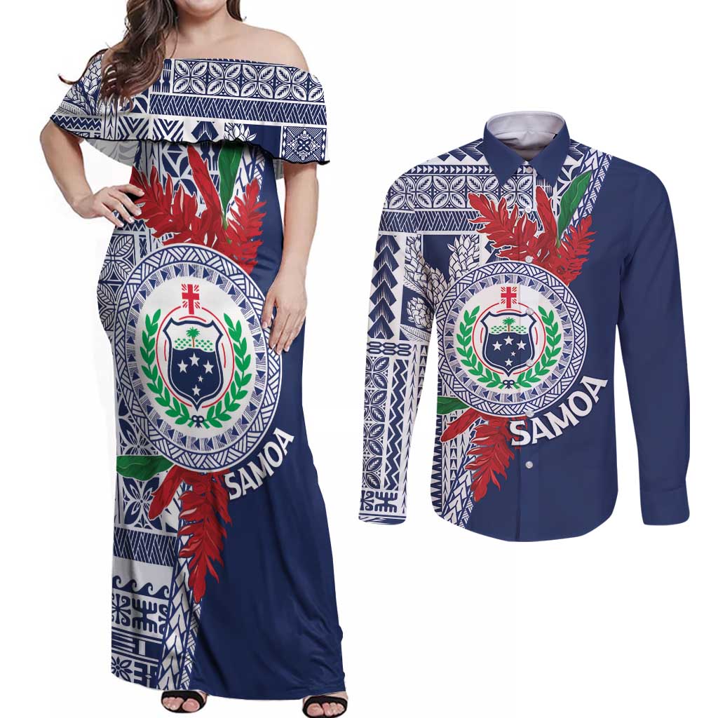 Samoa Rugby Personalized Couples Matching Off Shoulder Maxi Dress and Long Sleeve Button Shirt Toa Samoa Myriad Siapo