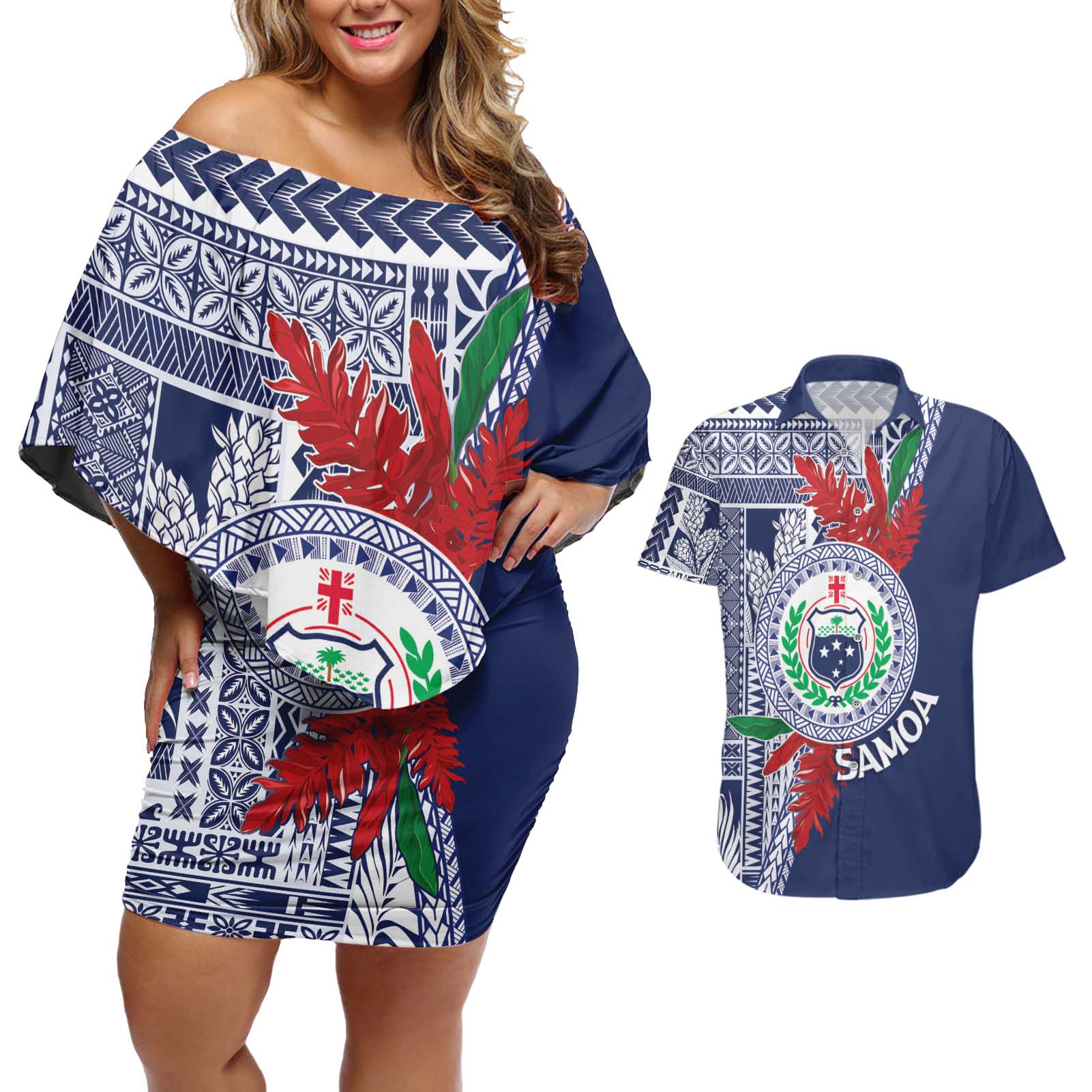 Samoa Rugby Personalized Couples Matching Off Shoulder Short Dress and Hawaiian Shirt Toa Samoa Myriad Siapo