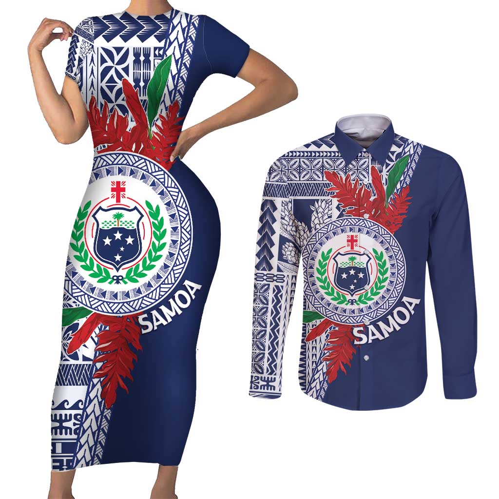 Samoa Rugby Personalized Couples Matching Short Sleeve Bodycon Dress and Long Sleeve Button Shirt Toa Samoa Myriad Siapo