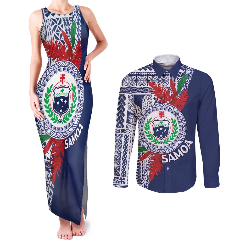 Samoa Rugby Personalized Couples Matching Tank Maxi Dress and Long Sleeve Button Shirt Toa Samoa Myriad Siapo