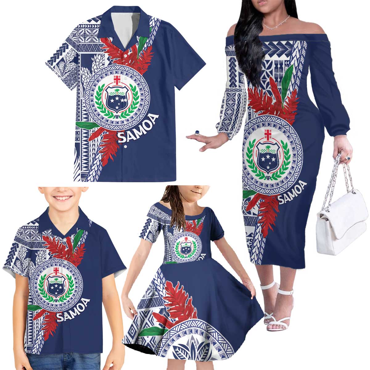 Samoa Rugby Personalized Family Matching Off The Shoulder Long Sleeve Dress and Hawaiian Shirt Toa Samoa Myriad Siapo