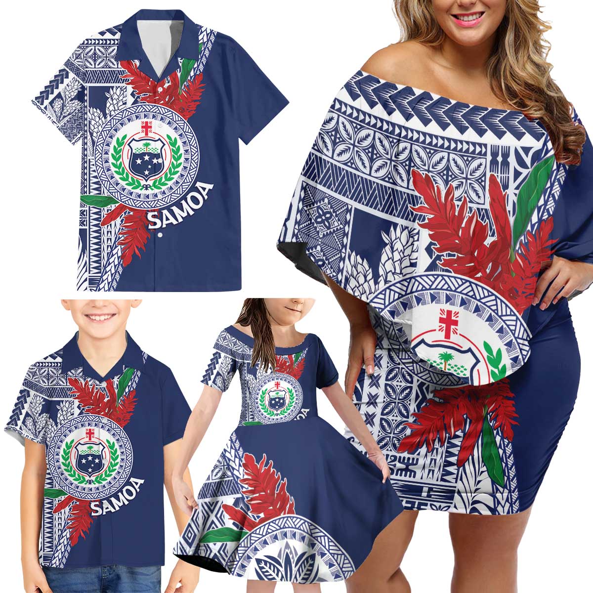 Samoa Rugby Personalized Family Matching Off Shoulder Short Dress and Hawaiian Shirt Toa Samoa Myriad Siapo