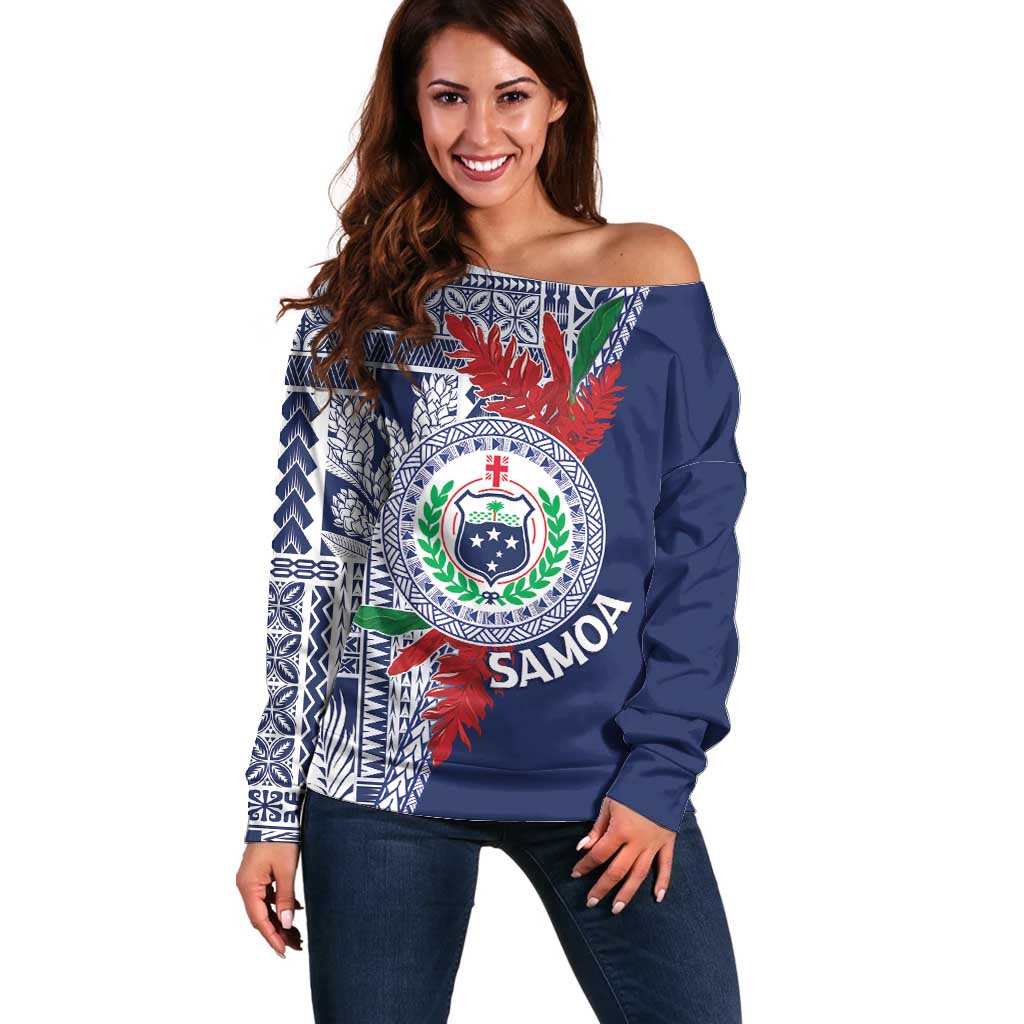 Samoa Rugby Personalized Off Shoulder Sweater Toa Samoa Myriad Siapo