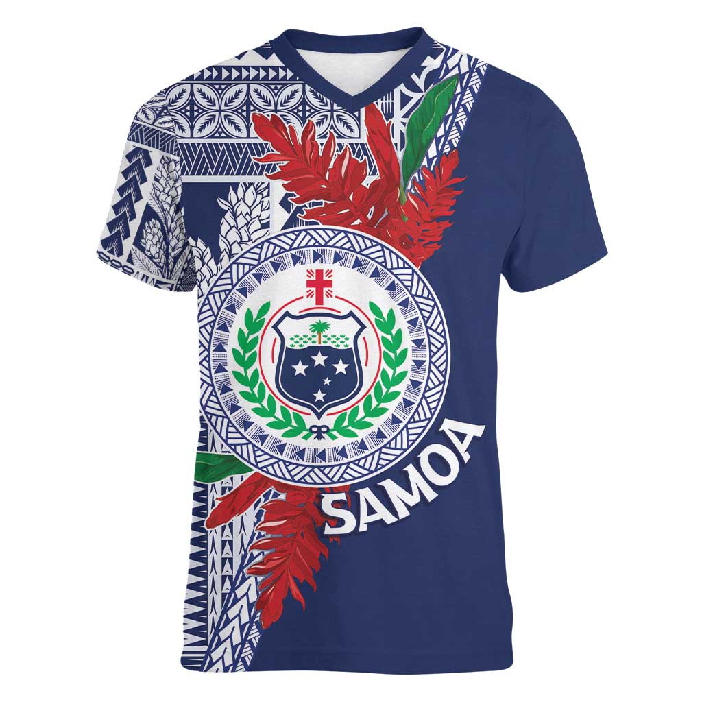 Samoa Rugby Personalized Women V-Neck T-Shirt Toa Samoa Myriad Siapo