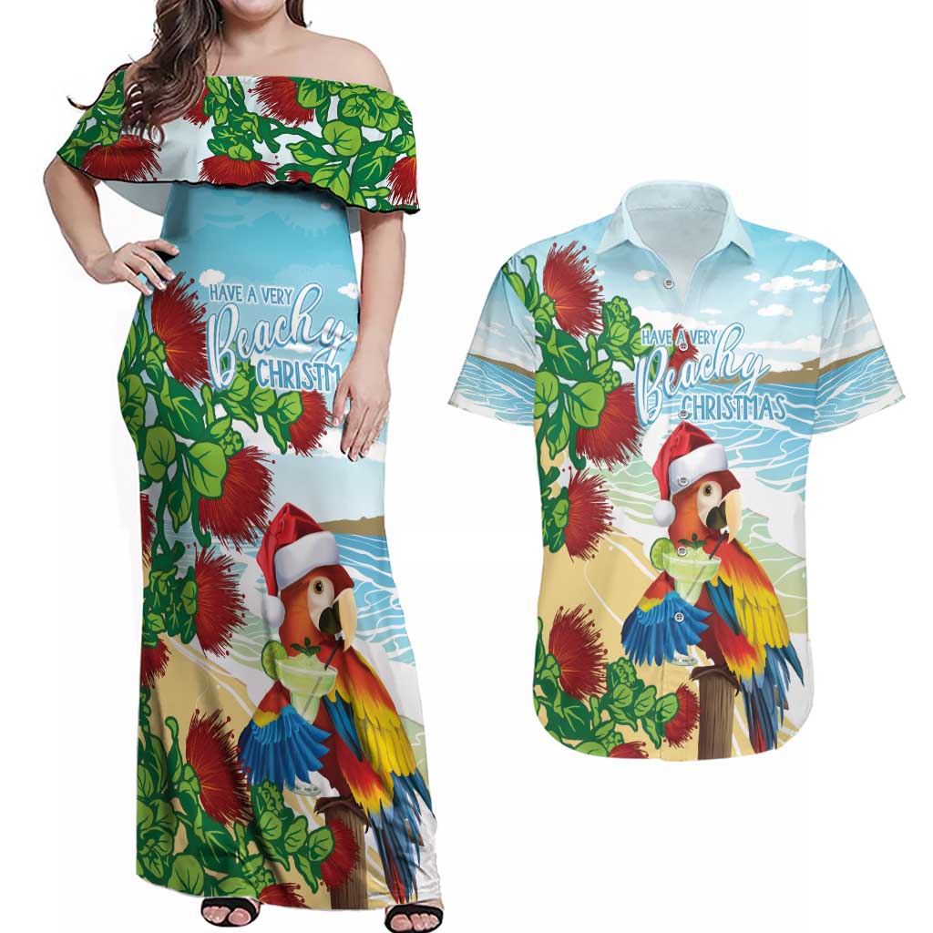 Have A Very Beach Christmas Couples Matching Off Shoulder Maxi Dress and Hawaiian Shirt Parrot By Lehua Flower - Polynesian Pride