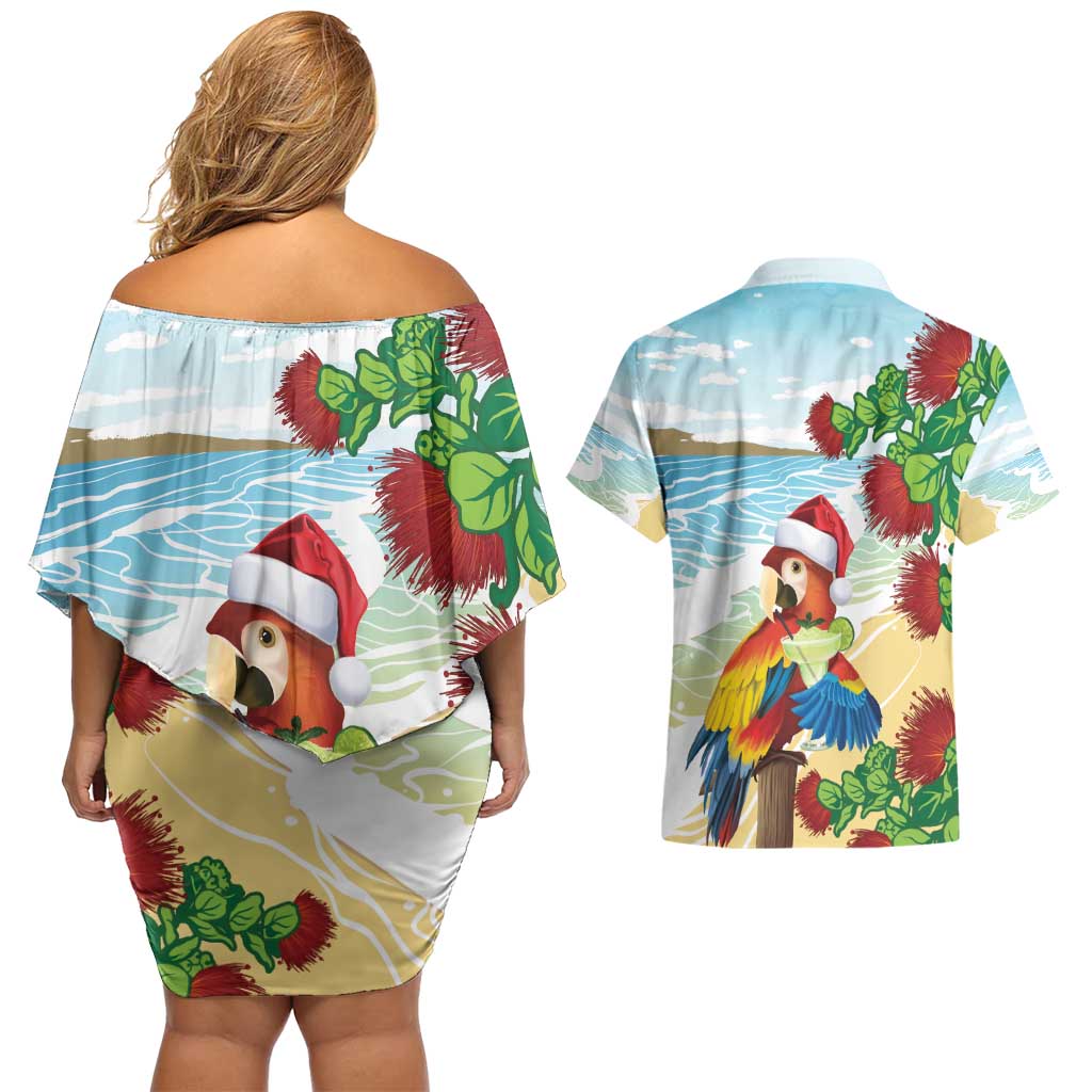 Have A Very Beach Christmas Couples Matching Off Shoulder Short Dress and Hawaiian Shirt Parrot By Lehua Flower - Polynesian Pride