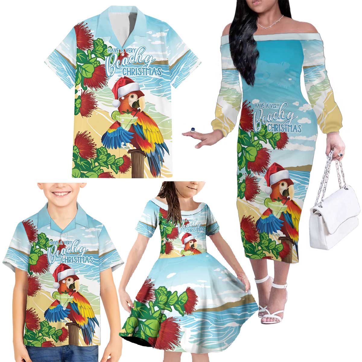 Have A Very Beach Christmas Family Matching Off The Shoulder Long Sleeve Dress and Hawaiian Shirt Parrot By Lehua Flower LT7 - Polynesian Pride