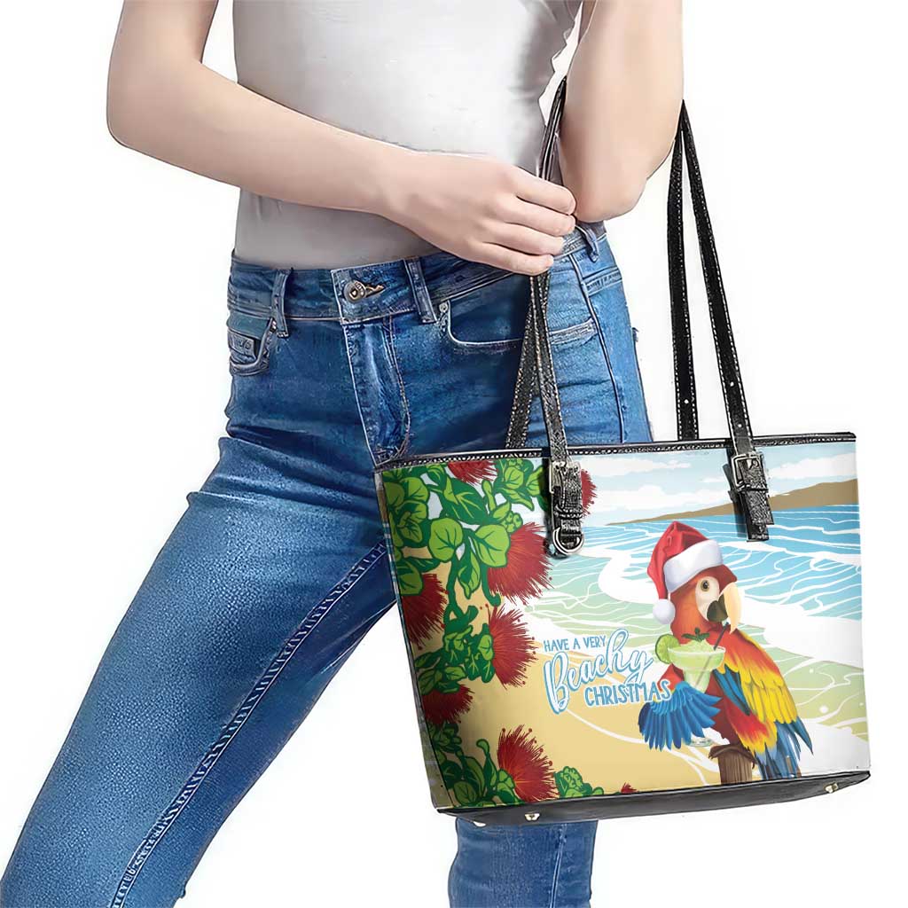 Have A Very Beach Christmas Leather Tote Bag Parrot By Lehua Flower - Polynesian Pride