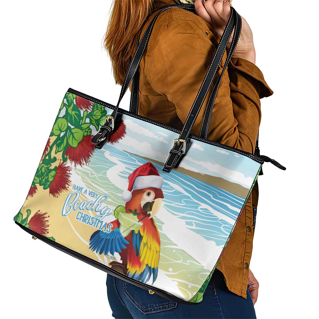 Have A Very Beach Christmas Leather Tote Bag Parrot By Lehua Flower - Polynesian Pride