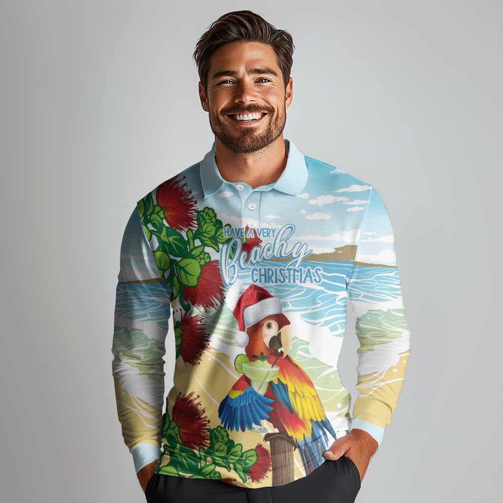 Have A Very Beach Christmas Long Sleeve Polo Shirt Parrot By Lehua Flower LT7 - Polynesian Pride