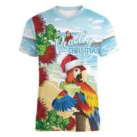 Have A Very Beach Christmas Women V-Neck T-Shirt Parrot By Lehua Flower - Polynesian Pride