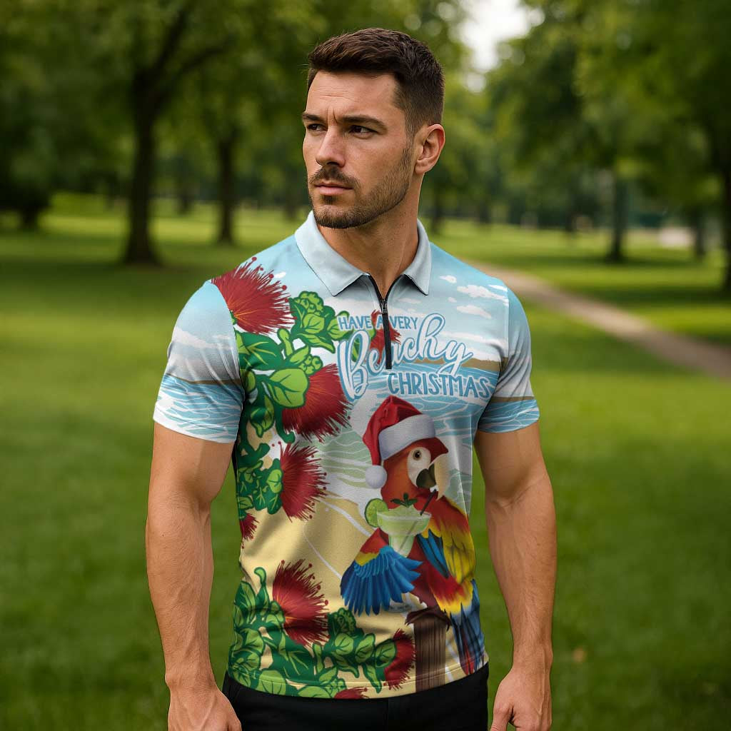 Have A Very Beach Christmas Zipper Polo Shirt Parrot By Lehua Flower LT7 - Polynesian Pride