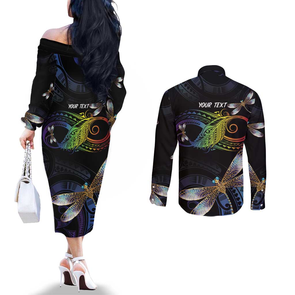 Personalised Polynesian Memorial Couples Matching Off The Shoulder Long Sleeve Dress and Long Sleeve Button Shirt Your Wings Were Ready But My Heart Was Not