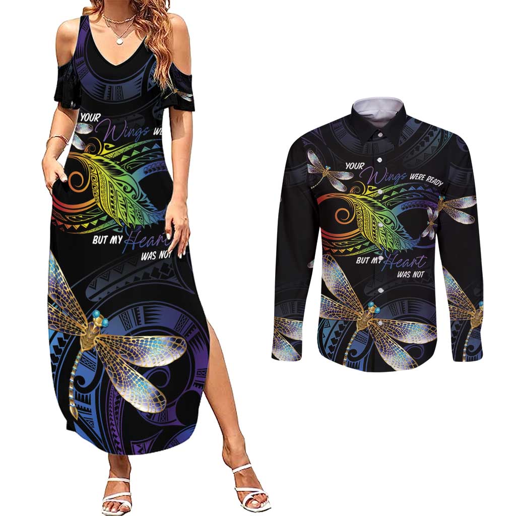 Personalised Polynesian Memorial Couples Matching Summer Maxi Dress and Long Sleeve Button Shirt Your Wings Were Ready But My Heart Was Not