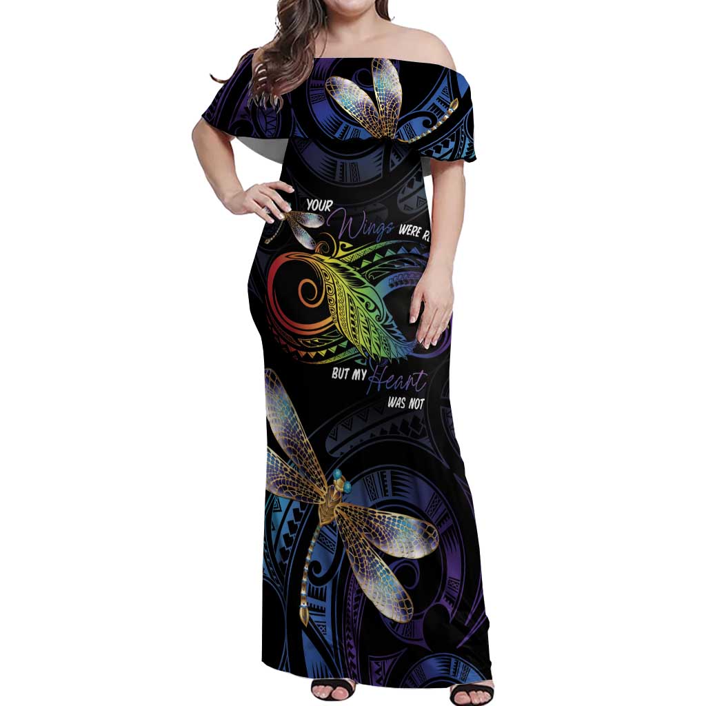 Personalised Polynesian Memorial Off Shoulder Maxi Dress Your Wings Were Ready But My Heart Was Not LT7 Women Black - Polynesian Pride