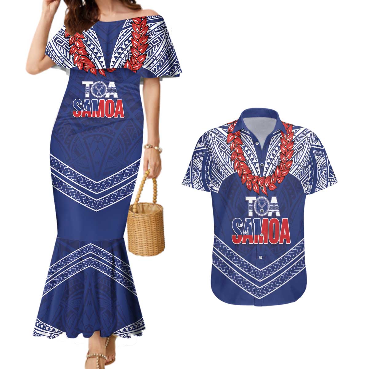 Toa Samoa Rugby Custom Couples Matching Mermaid Dress and Hawaiian Shirt Ulafala Mix Nifo'oti - Polynesian Pride
