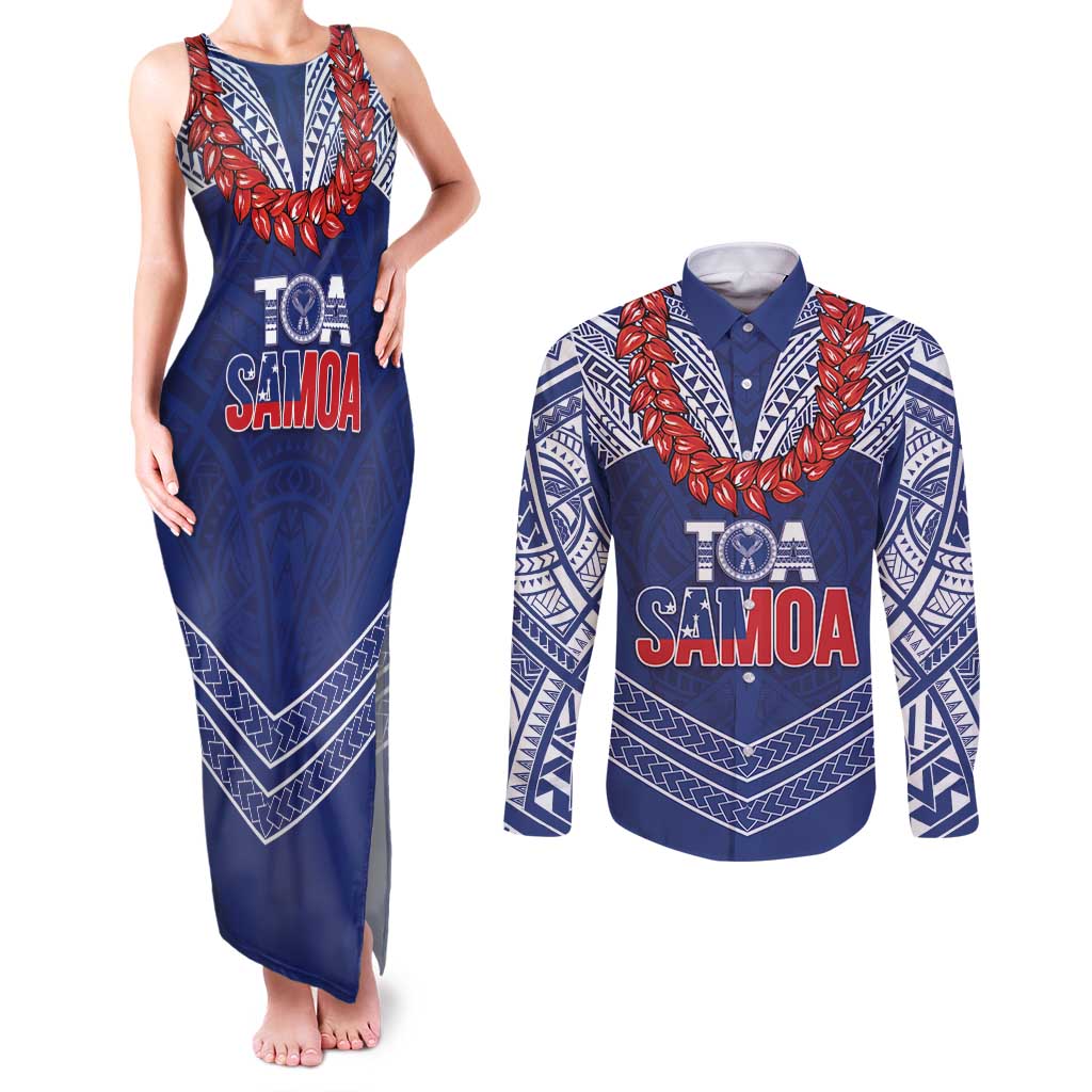 Toa Samoa Rugby Custom Couples Matching Tank Maxi Dress and Long Sleeve Button Shirt Ulafala Mix Nifo'oti - Polynesian Pride