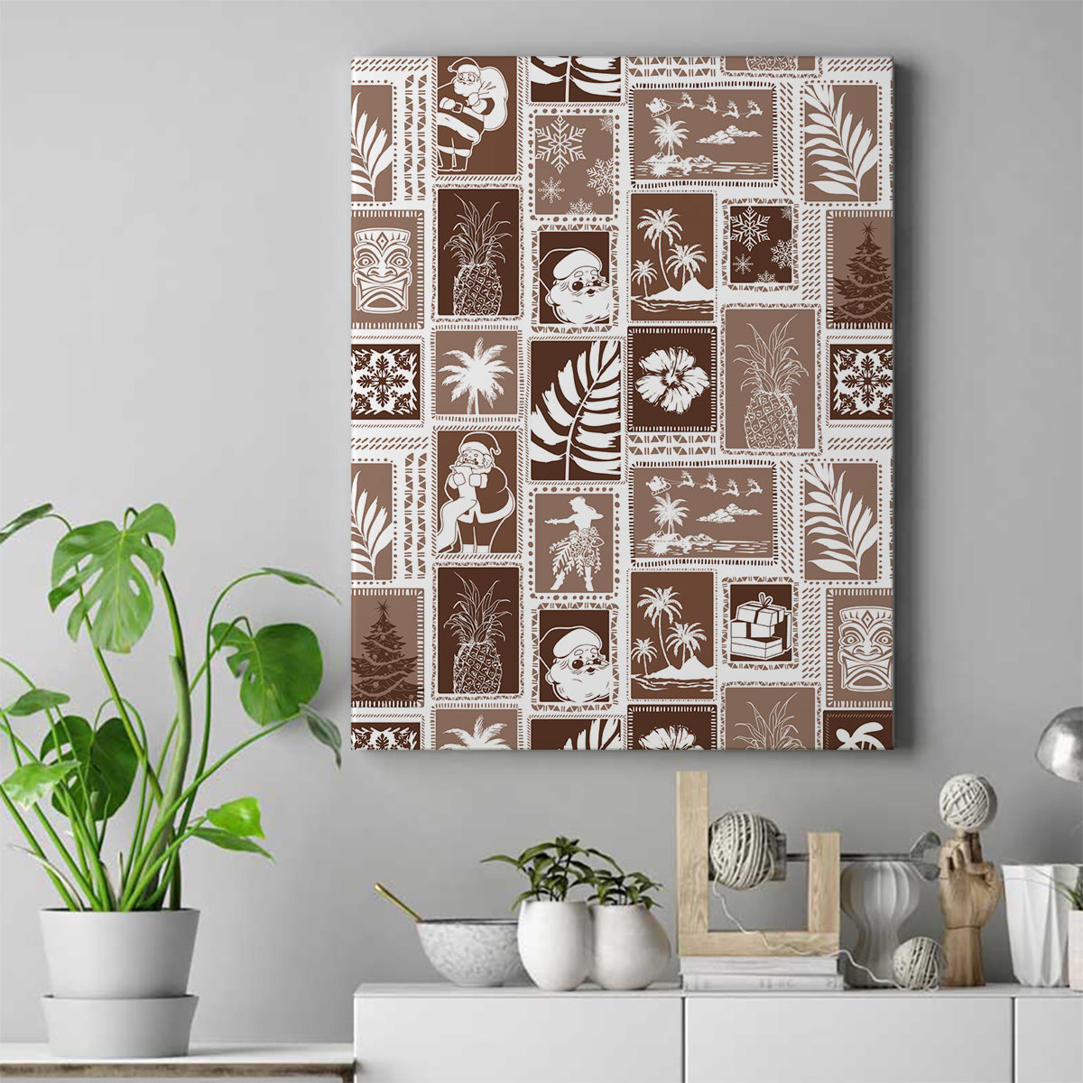 Hawaii Christmas Retro Patchwork Canvas Wall Art Brown LT7 Brown - Polynesian Pride