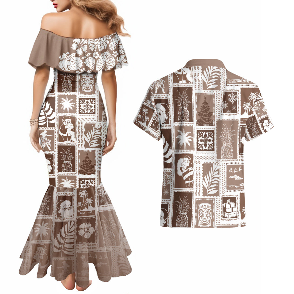 Hawaii Christmas Retro Patchwork Couples Matching Mermaid Dress and Hawaiian Shirt Brown LT7 - Polynesian Pride