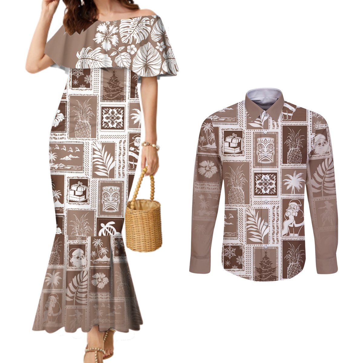 Hawaii Christmas Retro Patchwork Couples Matching Mermaid Dress and Long Sleeve Button Shirt Brown LT7 Brown - Polynesian Pride