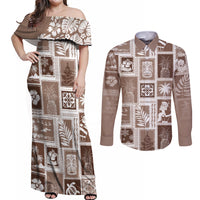 Hawaii Christmas Retro Patchwork Couples Matching Off Shoulder Maxi Dress and Long Sleeve Button Shirt Brown LT7 Brown - Polynesian Pride