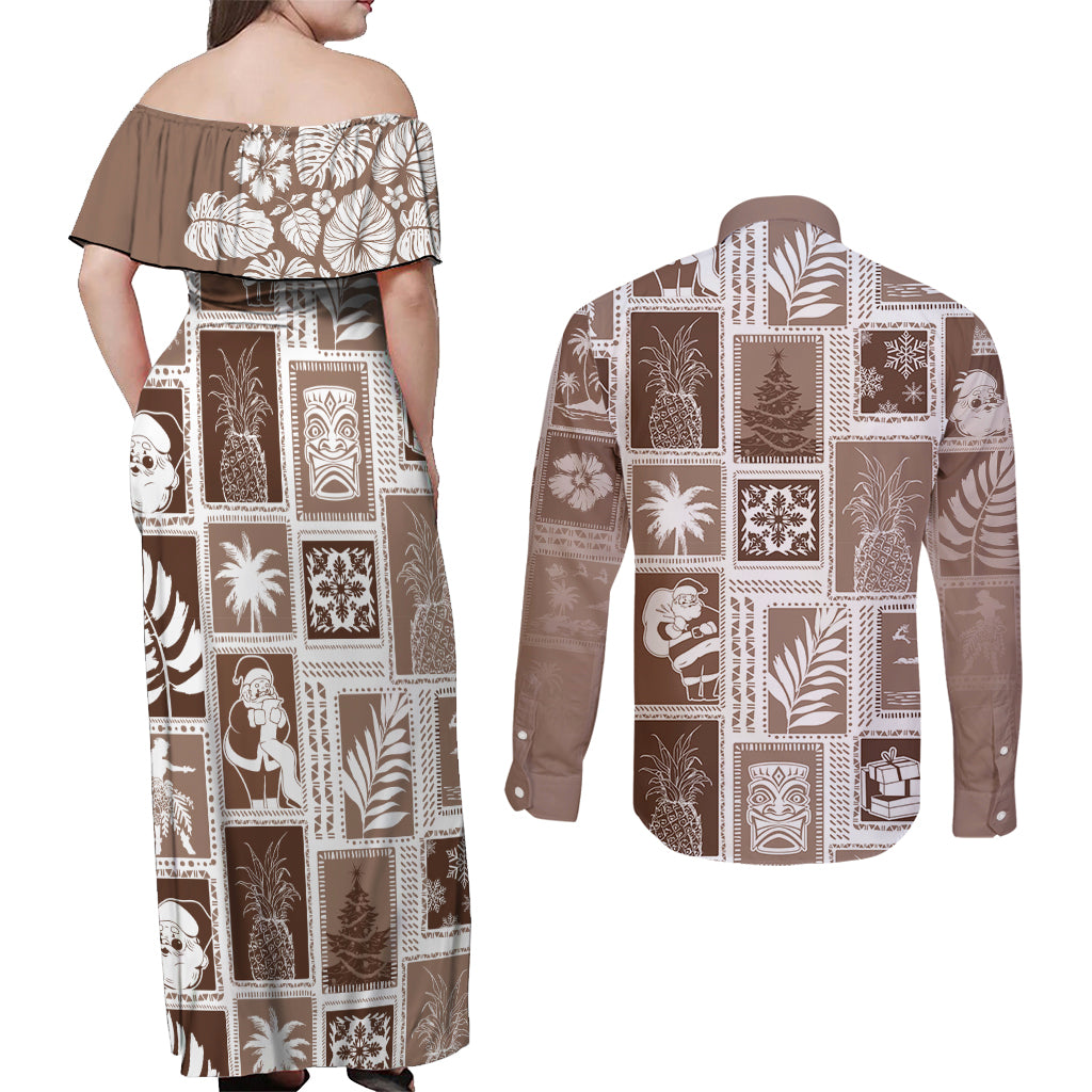 Hawaii Christmas Retro Patchwork Couples Matching Off Shoulder Maxi Dress and Long Sleeve Button Shirt Brown LT7 - Polynesian Pride