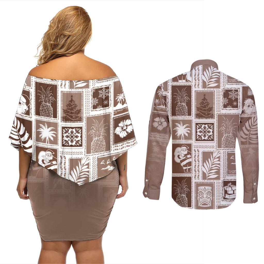 Hawaii Christmas Retro Patchwork Couples Matching Off Shoulder Short Dress and Long Sleeve Button Shirt Brown LT7 - Polynesian Pride