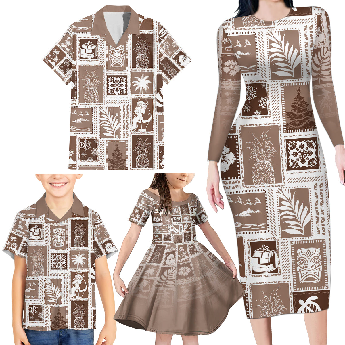 Hawaii Christmas Retro Patchwork Family Matching Long Sleeve Bodycon Dress and Hawaiian Shirt Brown LT7 - Polynesian Pride