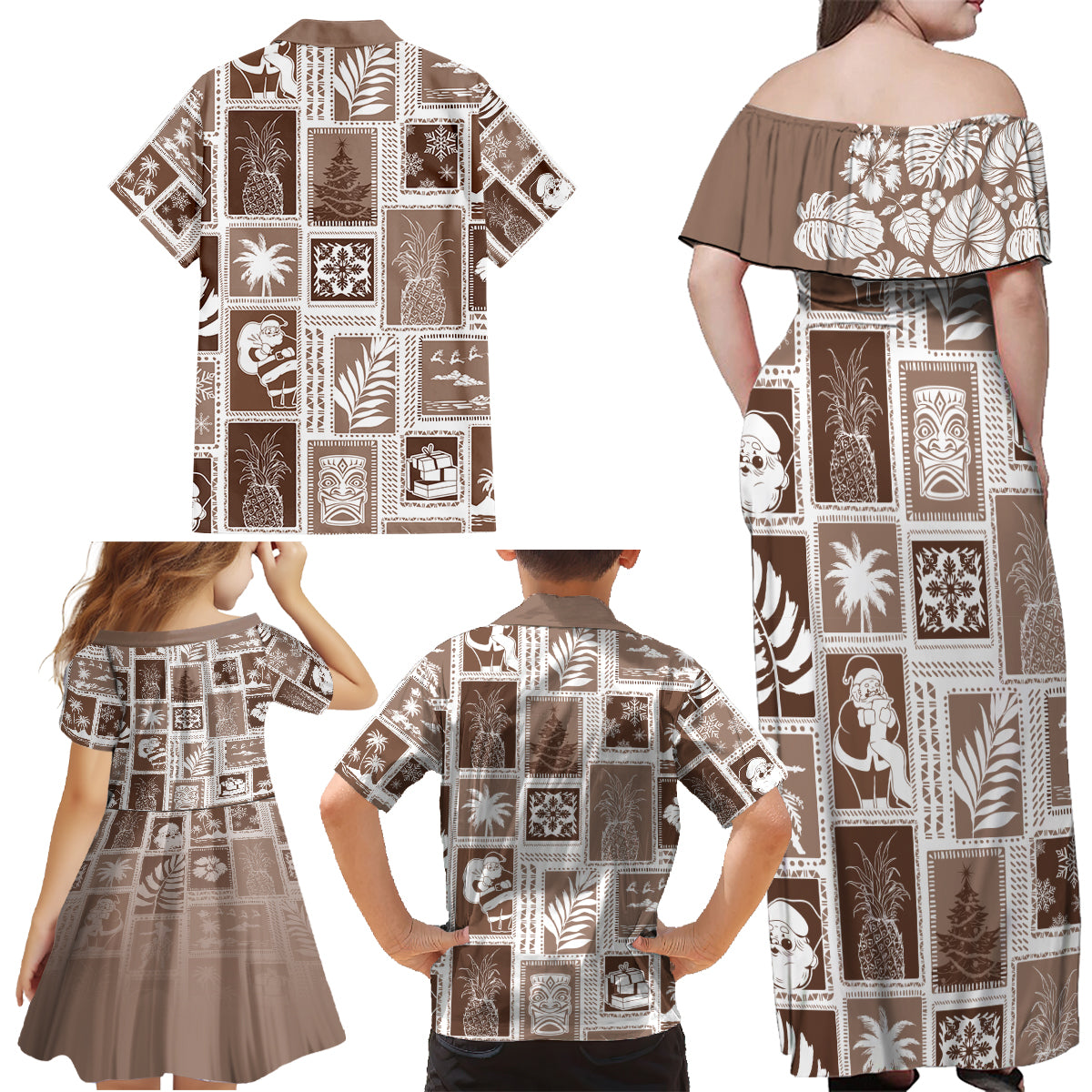 Hawaii Christmas Retro Patchwork Family Matching Off Shoulder Maxi Dress and Hawaiian Shirt Brown LT7 - Polynesian Pride