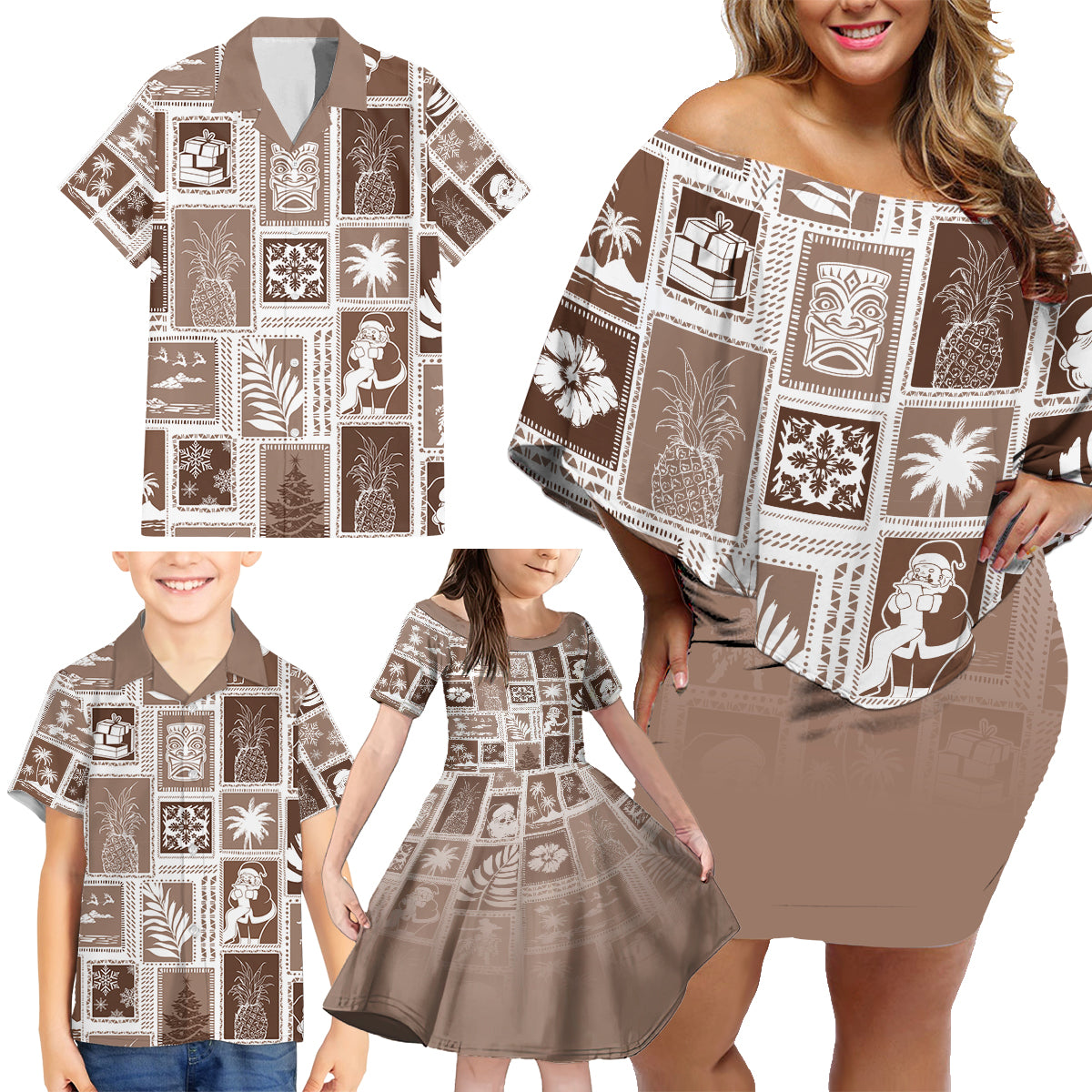 Hawaii Christmas Retro Patchwork Family Matching Off Shoulder Short Dress and Hawaiian Shirt Brown LT7 - Polynesian Pride