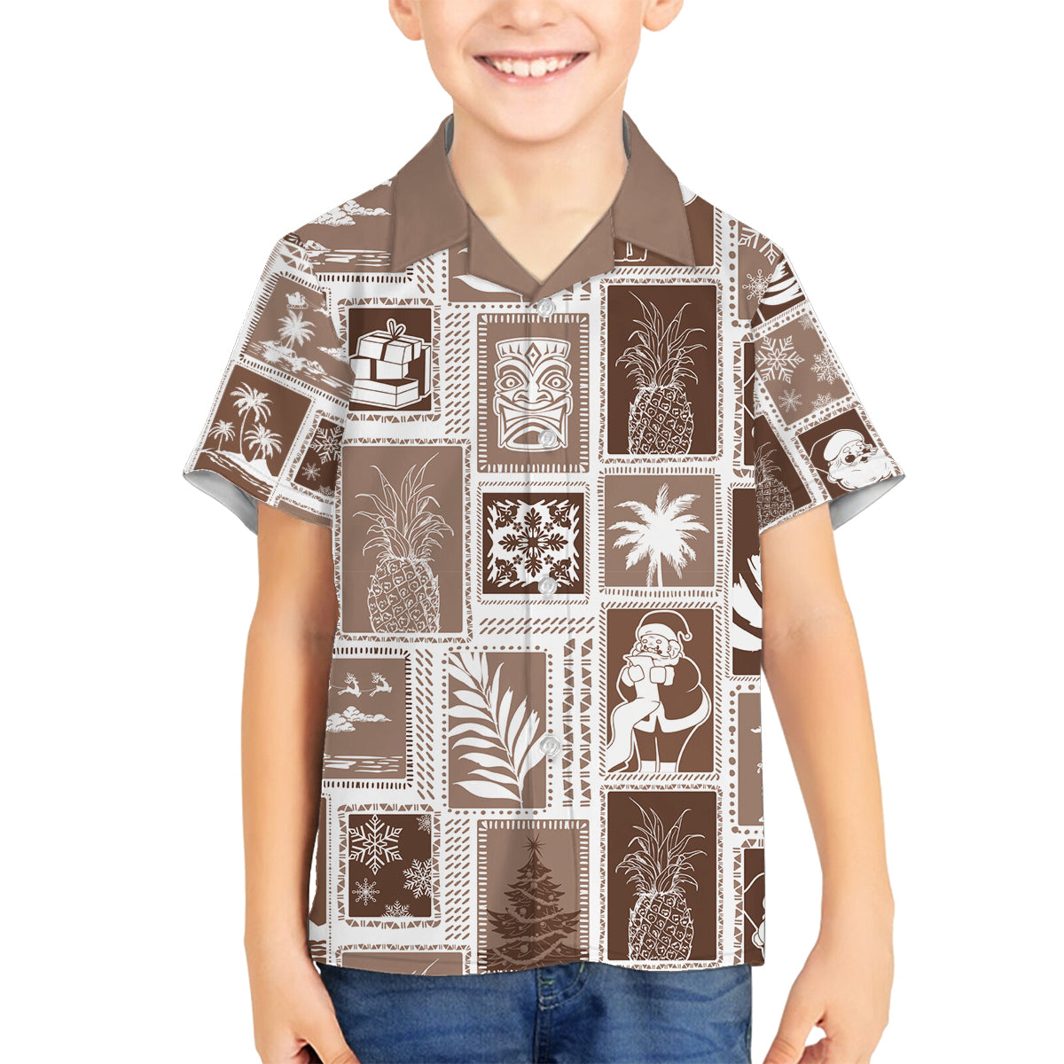 Hawaii Christmas Retro Patchwork Family Matching Tank Maxi Dress and Hawaiian Shirt Brown LT7 Son's Shirt Brown - Polynesian Pride