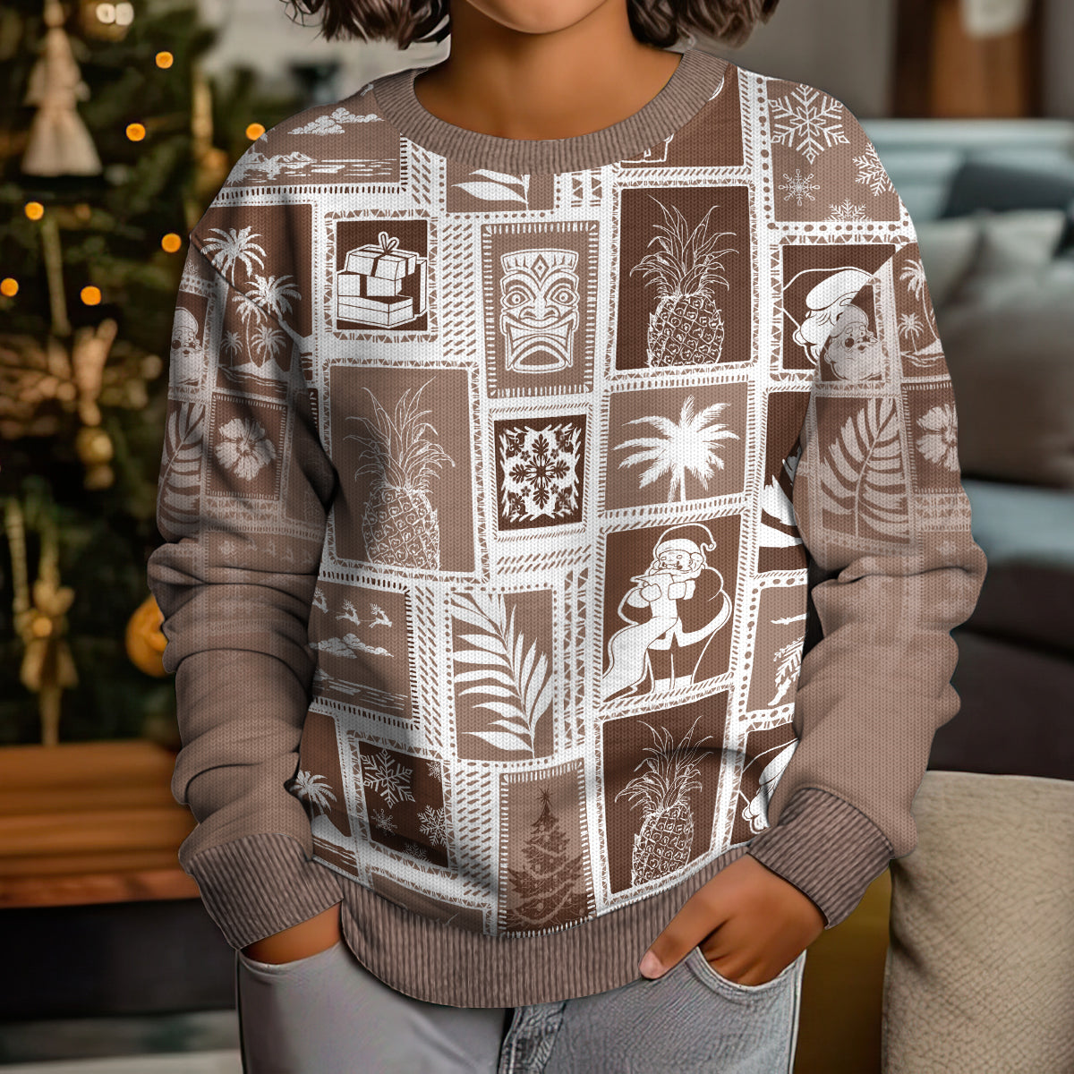 Hawaii Christmas Kid Ugly Christmas Sweater Retro Patchwork - Brown LT7 - Polynesian Pride