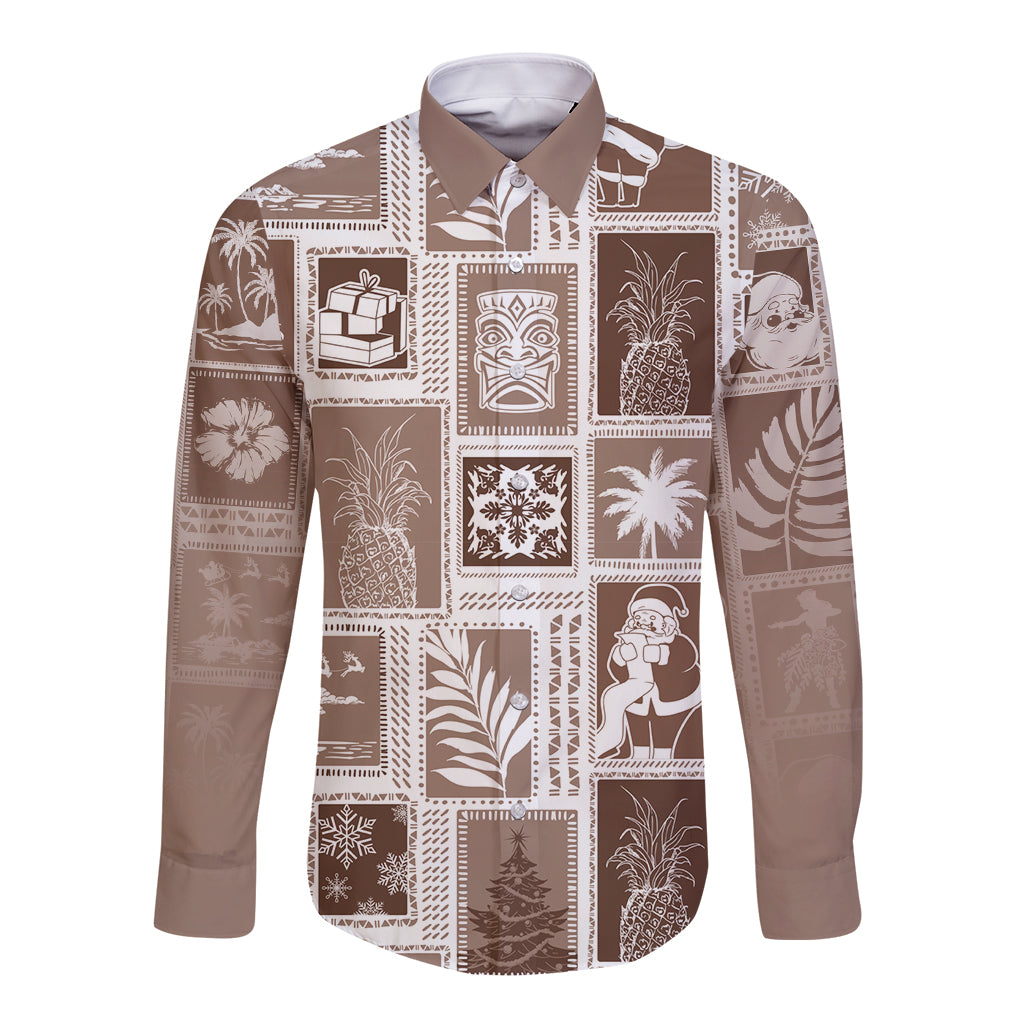 Hawaii Christmas Retro Patchwork Long Sleeve Button Shirt Brown LT7 Unisex Brown - Polynesian Pride